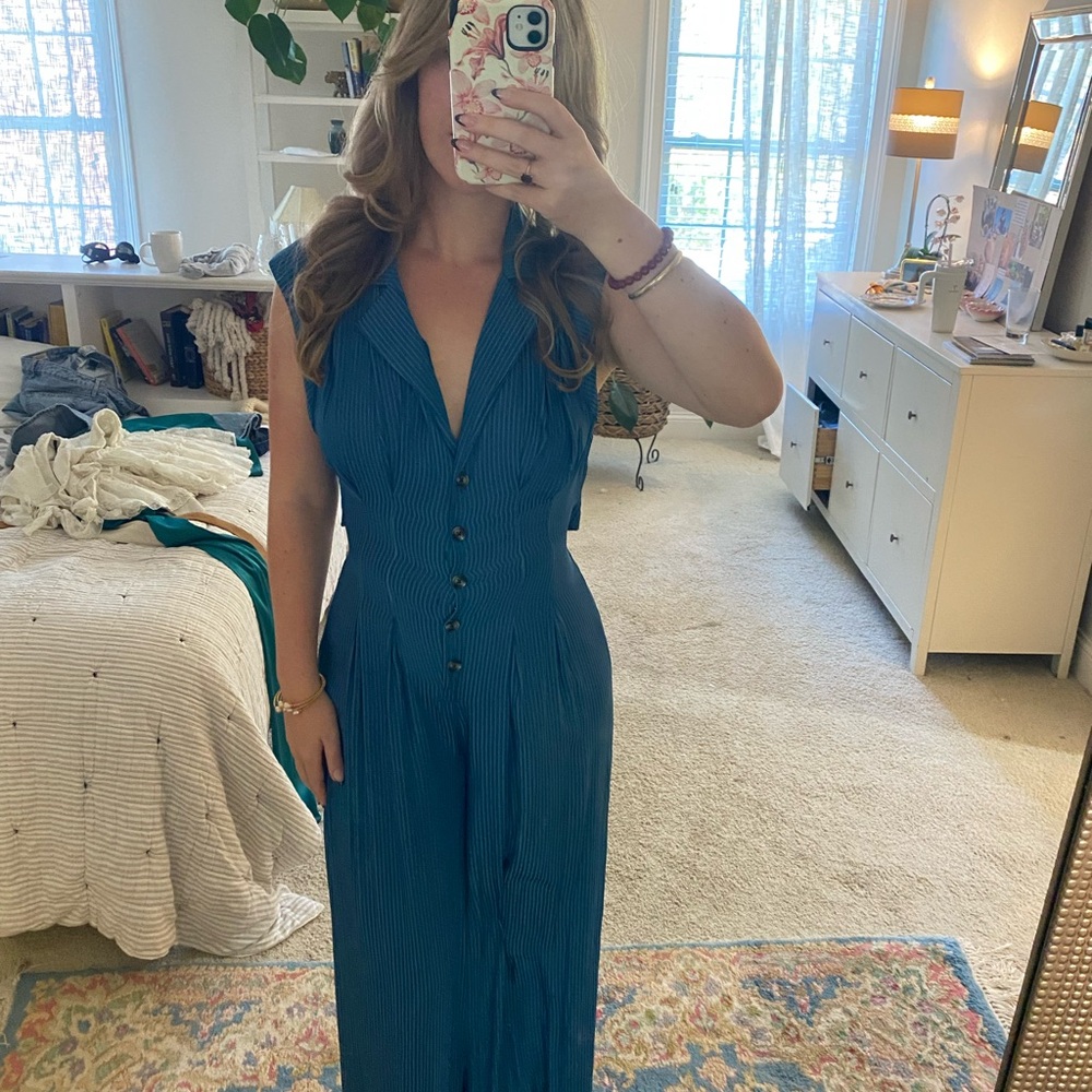 Free People Teal Button-Down Jumpsuit